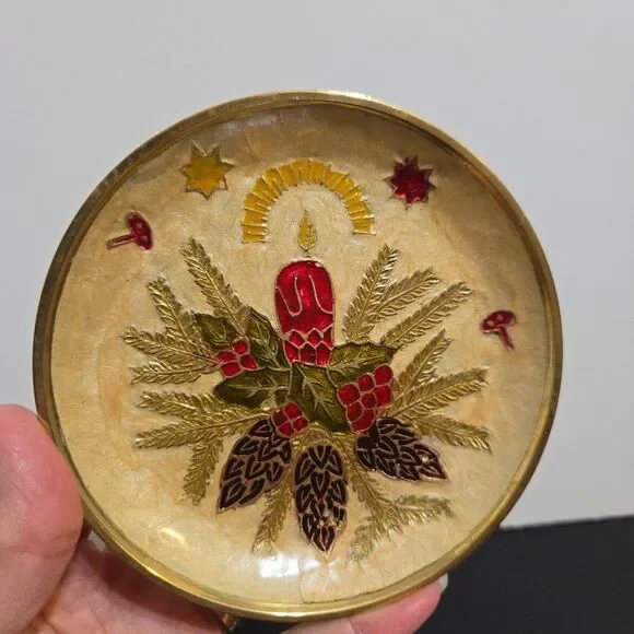 Set of 2 Brass Painted Enamel Christmas Trinket Candle Dish Pinecones India 4.5" - Picture 3 of 5